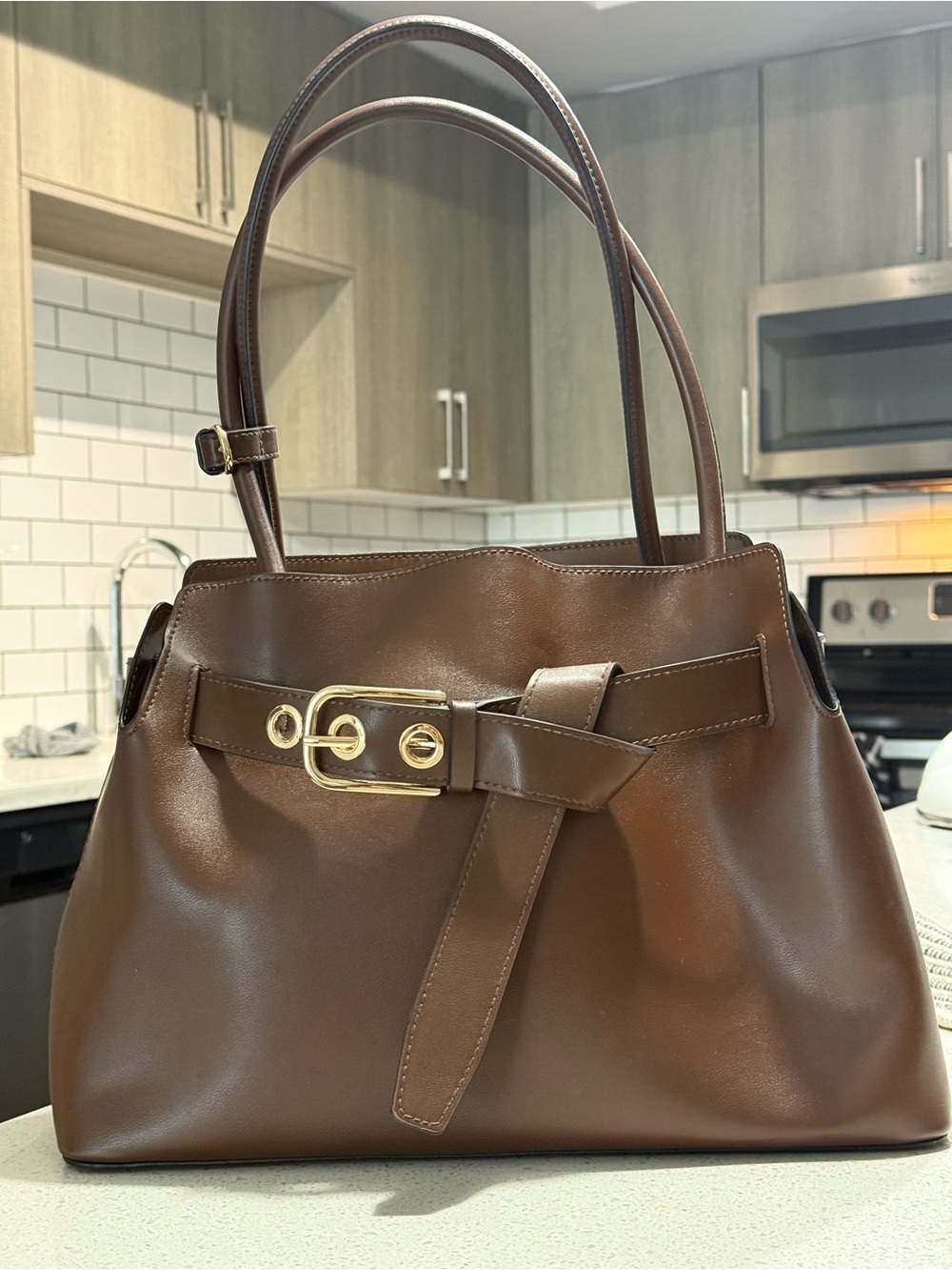 H&M Brown Shoulder Tote with Gold Buckle